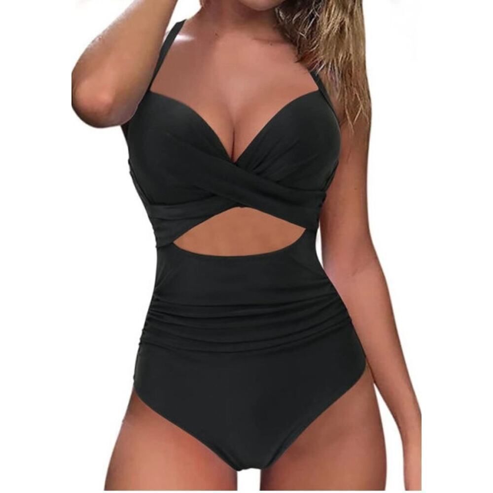 EoMenie One Piece Swimsuit Women's XS Black Cross Straps Tie Back NWT